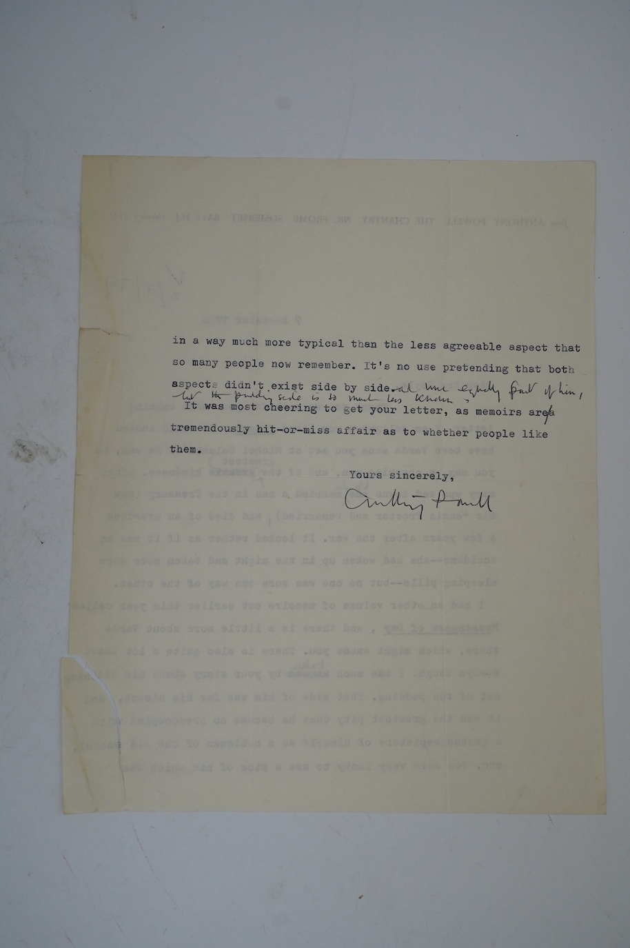 Anthony Powell (1905-2000). Typed letter with handwritten amendments and full signature, to a Mrs Hoyle, 7 December 1978. Discusses Infants of the Spring (1976), Messengers of Day (1978)